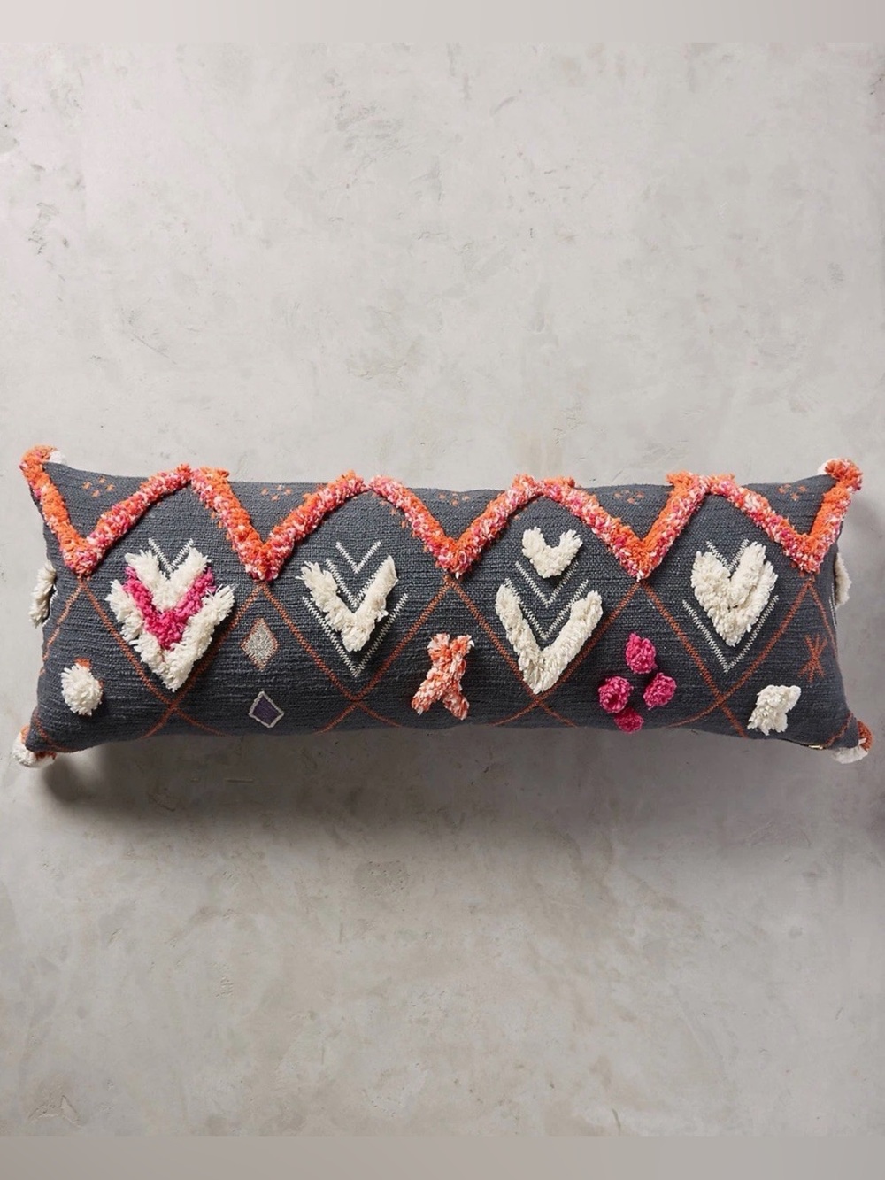 Anthropologie Textured Tasseled Shag Lumbar Pillow Gray Orange Boho Chic 40x14